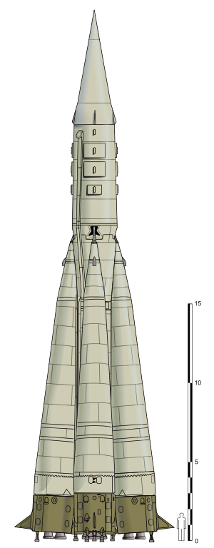Первый вариант из серии ракет Р-7, испытывавшийся в 1957 году. Автор: Heriberto Arribas Abato [CC BY-SA 3.0 (https://creativecommons.org/licenses/by-sa/3.0)]
