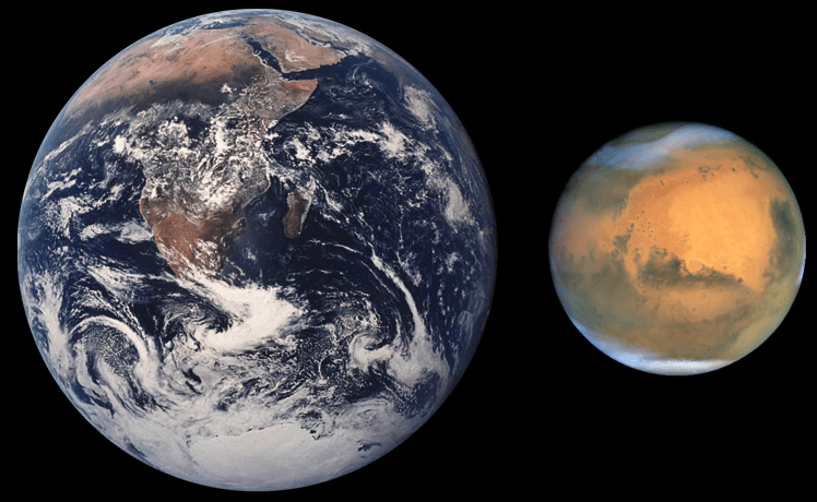 Планета Земля (средний радиус 6371,11 км) и Марс (средний радиус 3389,5 км[3]). Автор: RHorning and later modified by Scooter20 [Public domain]