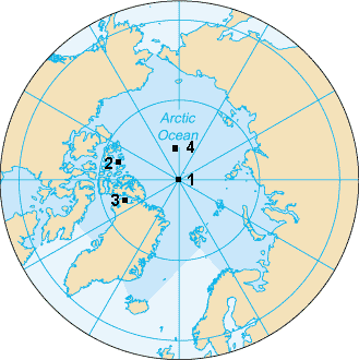Карта Северного полюса. На ней изображены Северный полюс (1), Северный магнитный полюс (2), Северный геомагнитный полюс (3), Северный полюс недоступности (84°03' с.ш, 174° 51' з.ш) (4).