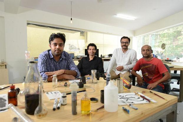 Anirudh Sharma (from left), co-founder Nitesh Kadyan, Nikhil Kaushik, and prototyping lead Nisheeth Singh (far right) of Graviky Labs. Photo: Hemant Mishra/Mint
