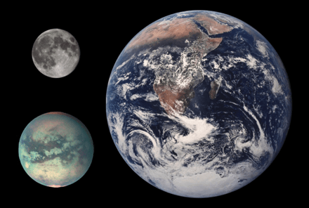 Планета Землия, Титан (слева внизу) и Луна в сравнении