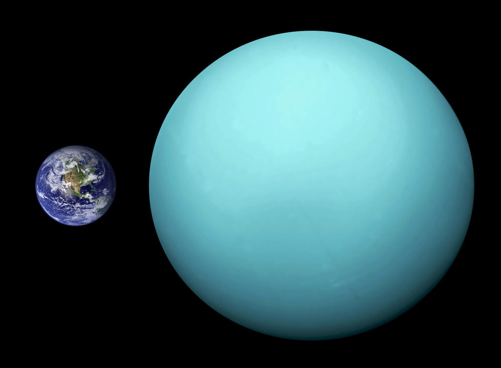 Планета Земля и Уран в сравнении.  Автор: Orange-kun (old version user: Brian0918) [Public domain]